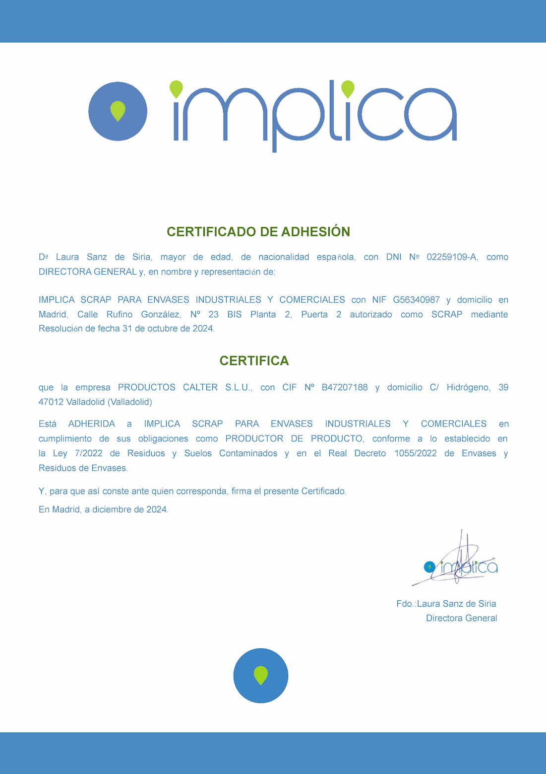 Certificado de adhesión de Calter a Implica Certificado de adhesión de Calter a Implica