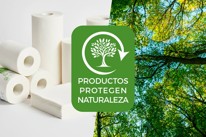 Productos de papel y celulosa respetuoso con el medioambiente Montaje de productos de papel y celulosa con un paisaje de árboles para indicar que son productos respetuosos con el medioambiente